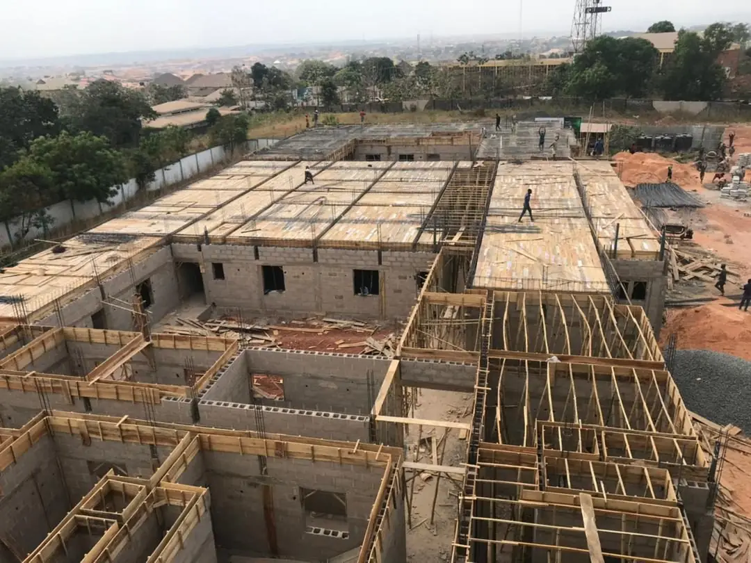 Aerial view of an Akeyville government building project under construction