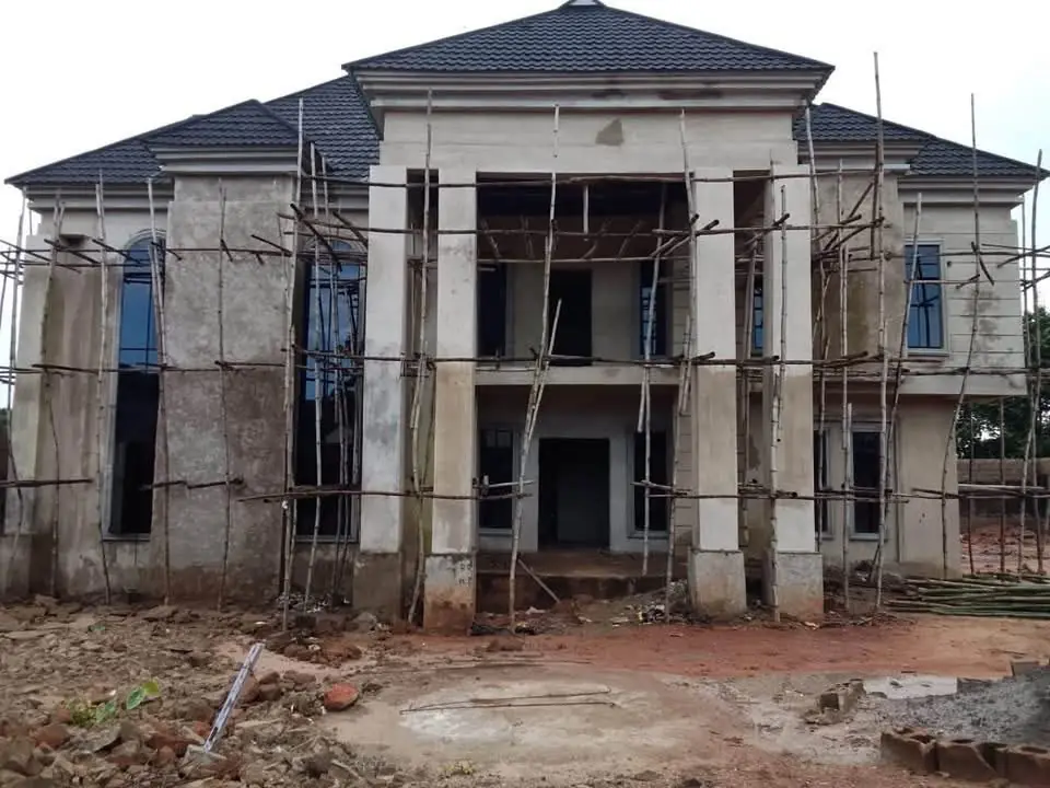 Facade under construction with roof complete